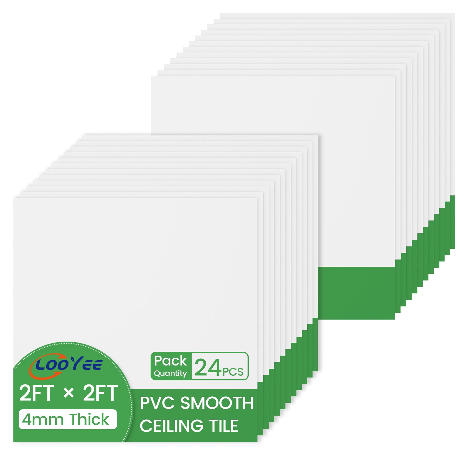 LooYee 24 PCS 24" x 24" Smooth Drop Ceiling Tiles 2ft x 2ft, PVC Ceiling Tile - Waterproof, Fire-Rated to Prevent Breakage - Cover 96 Sq. Ft, White