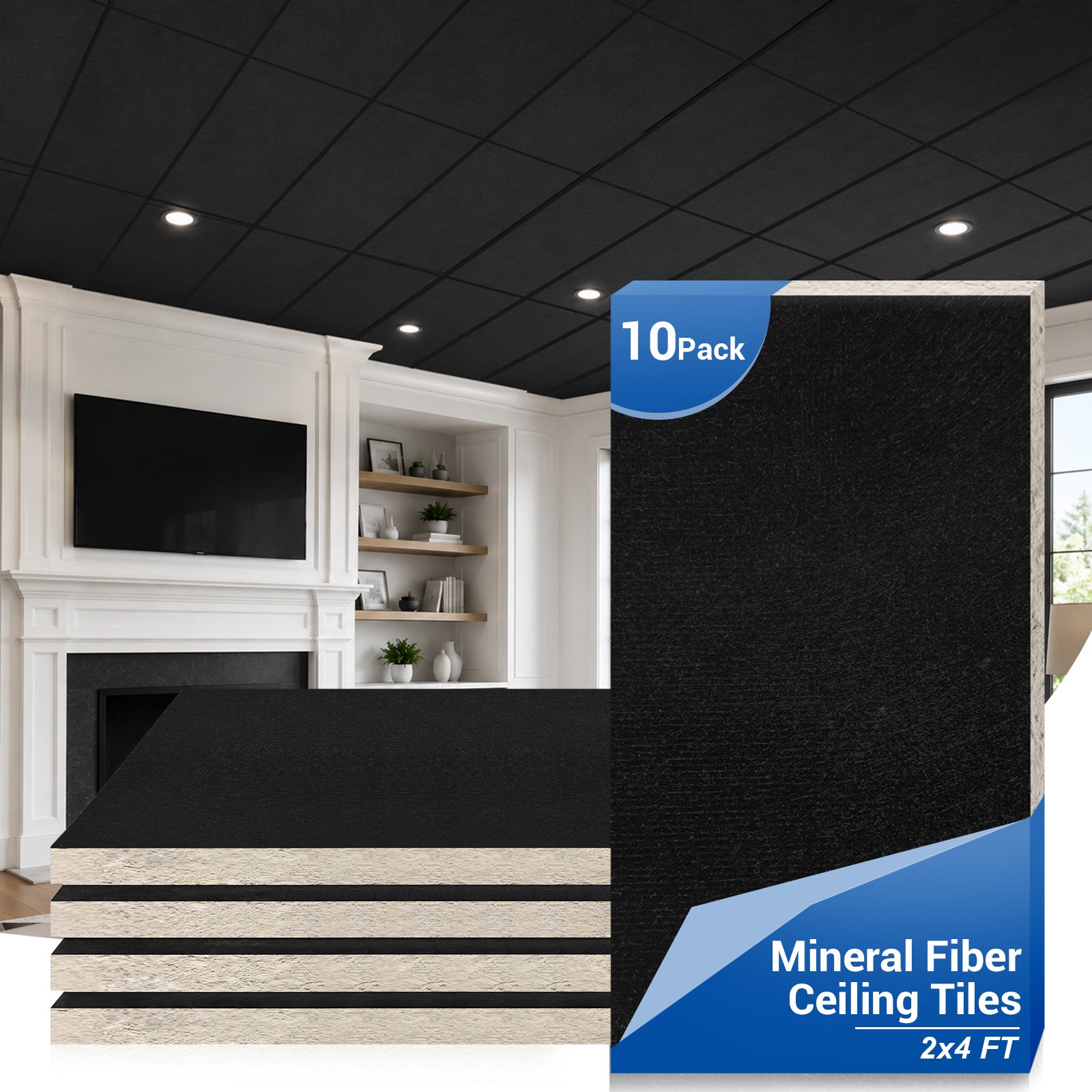 LooYee 10/16 PCS 2x4/2x2 FT Mineral Fiber White/Black Acoustic Ceiling Tiles