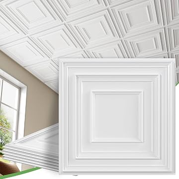LooYee 24 PCS 2x2 FT PVC White 3D Decorative Drop Ceiling Tiles, Waterproof Washable, Cover 96 Sq.Ft