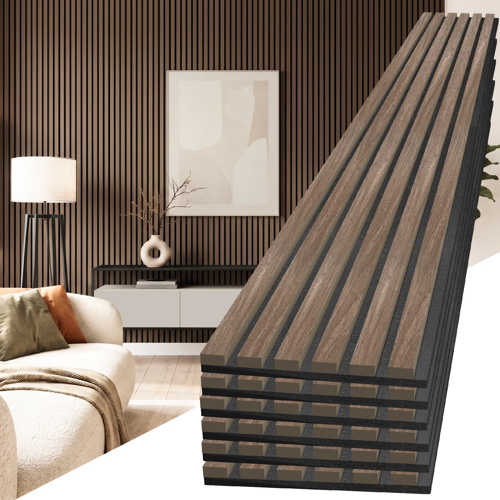 LooYee 6 Pack Acoustic Wood Slat Wall Panels 94.5x9x0.8 Inch Walnut/Teak