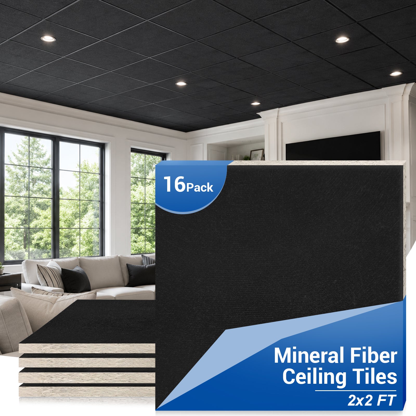 LooYee 10/16 PCS 2x4/2x2 FT Mineral Fiber White/Black Acoustic Ceiling Tiles