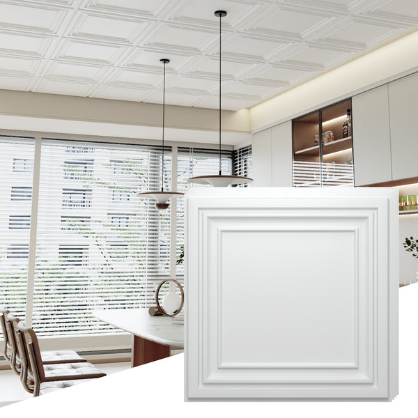 LooYee 24 PCS 2ft x 2ft Drop Ceiling Tiles, PVC Glue Up Ceiling Panel White, Waterproof, Washable and Fire-Rated - Reusable - High-Grade PVC to Prevent Breakage 96 Sq. Ft