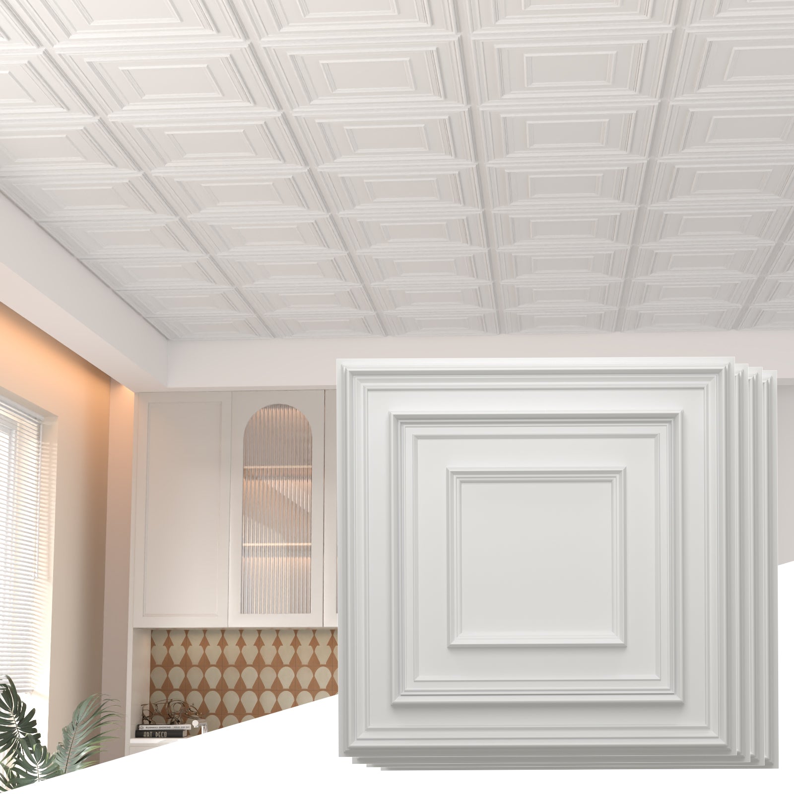 LooYee 24 PCS Deeply Grooved Design Drop Ceiling Tile，2Ft X 2Ft PVC 3D Decorative Ceiling Panels，24 X 24In Waterproof Washable Plastic Ceiling Tiles for Garage Basement Bedroom Cover 96 Sq. Ft White