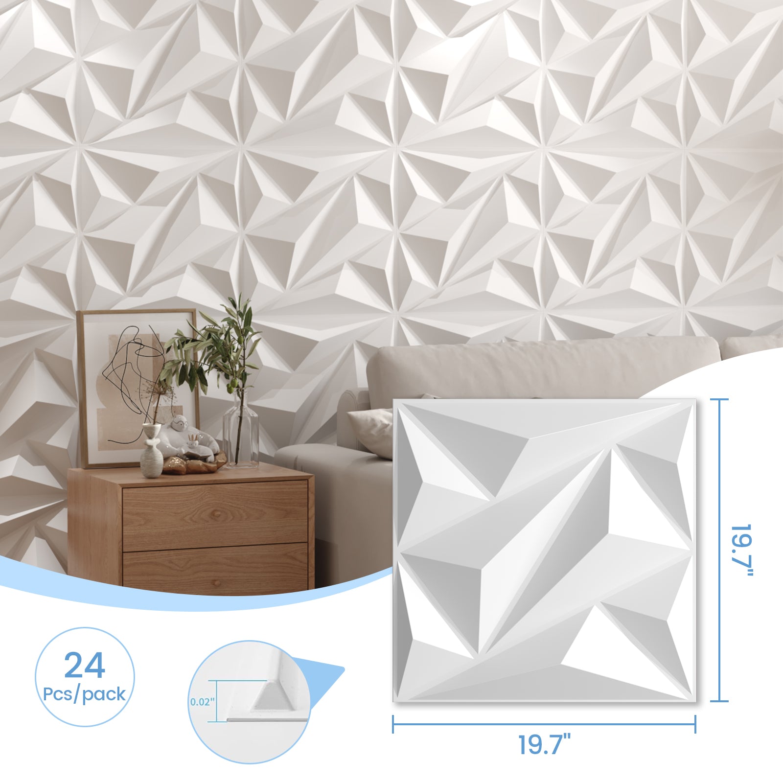 LooYee 64 Sq. Ft. Modern Textured Diamond 3d Wall Panels，24 pcs 19.7" X 19.7" Pvc Wall Panels For Interior Wall Decor, Suitable For Bedrooms Game Rooms Living Rooms Hotel Office Lobby White