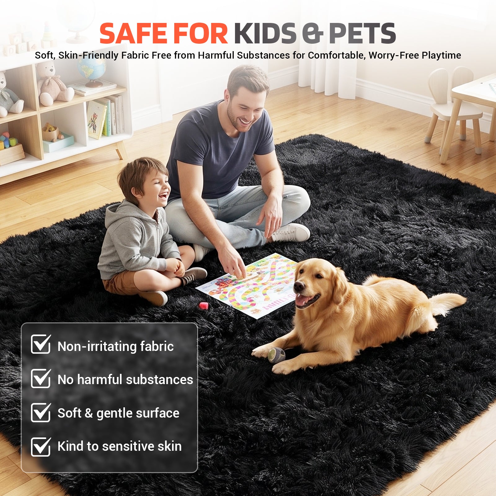 LooYee 8x10/9x12 FT Black and Grey Shag Area Rug, Non-Slip Non-Shedding Easy Clean