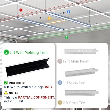 LooYee 10 PCS 72 Inch Galvanized Steel White Wall Molding Trim Drop Ceiling Grid System