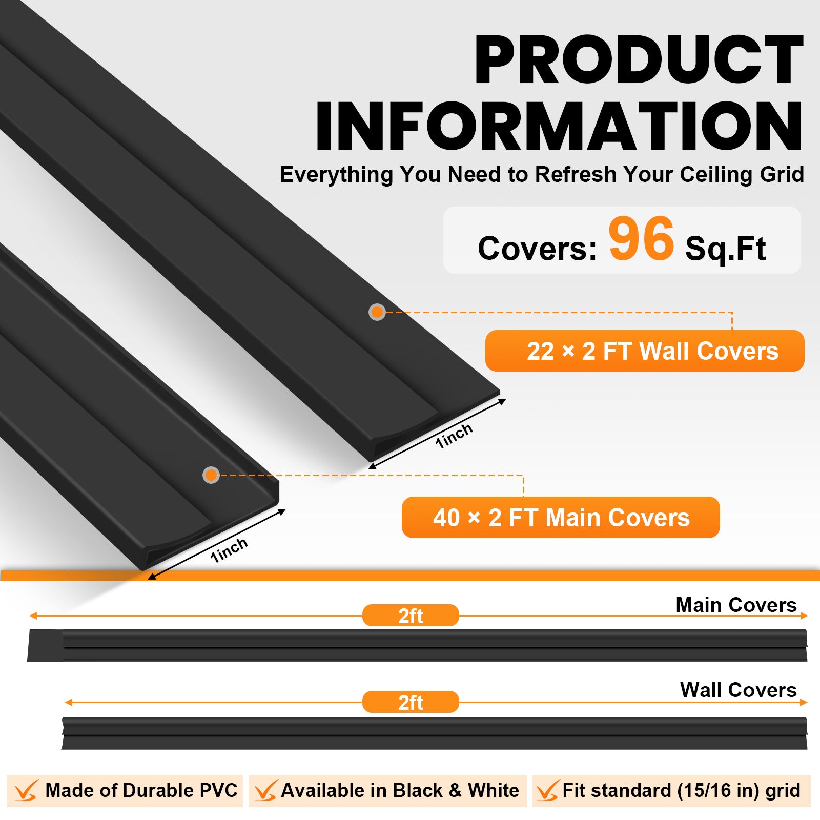 LooYee 20 PCS / 96 Sq.Ft PVC Black/White Snap-On T-Bar Ceiling Grid Covers, Easy Install Durable Wear-Resistant, for Main & Wall Grids