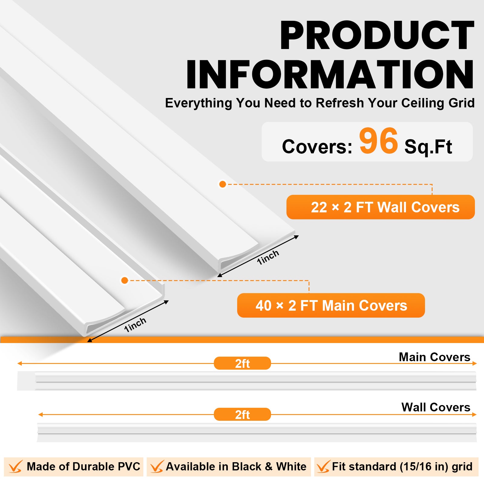 LooYee 20 PCS / 96 Sq.Ft PVC Black/White Snap-On T-Bar Ceiling Grid Covers, Easy Install Durable Wear-Resistant, for Main & Wall Grids