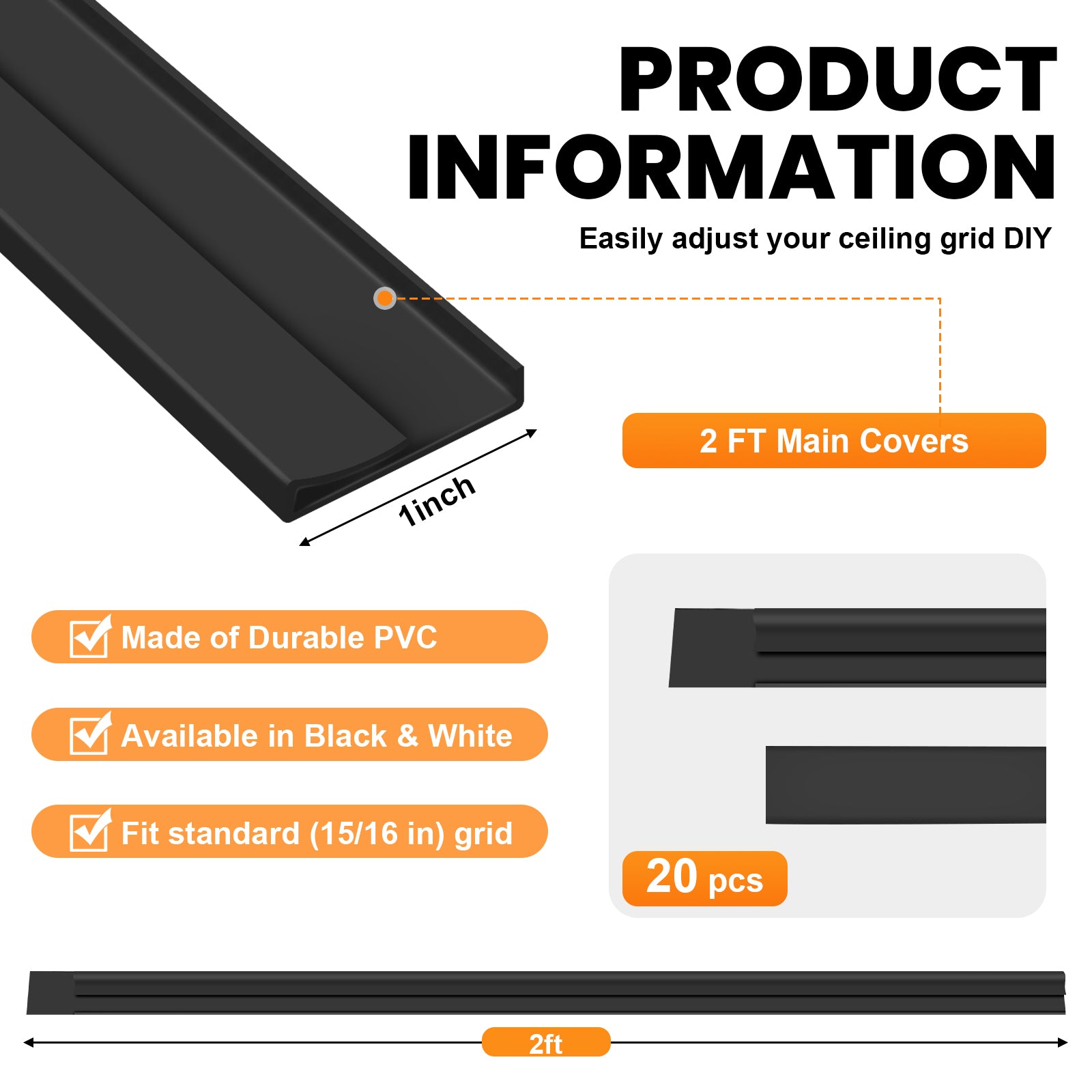 LooYee 20 PCS / 96 Sq.Ft PVC Black/White Snap-On T-Bar Ceiling Grid Covers, Easy Install Durable Wear-Resistant, for Main & Wall Grids
