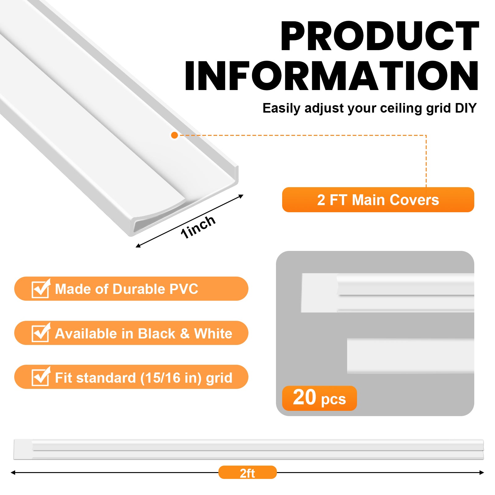 LooYee 20 PCS / 96 Sq.Ft PVC Black/White Snap-On T-Bar Ceiling Grid Covers, Easy Install Durable Wear-Resistant, for Main & Wall Grids
