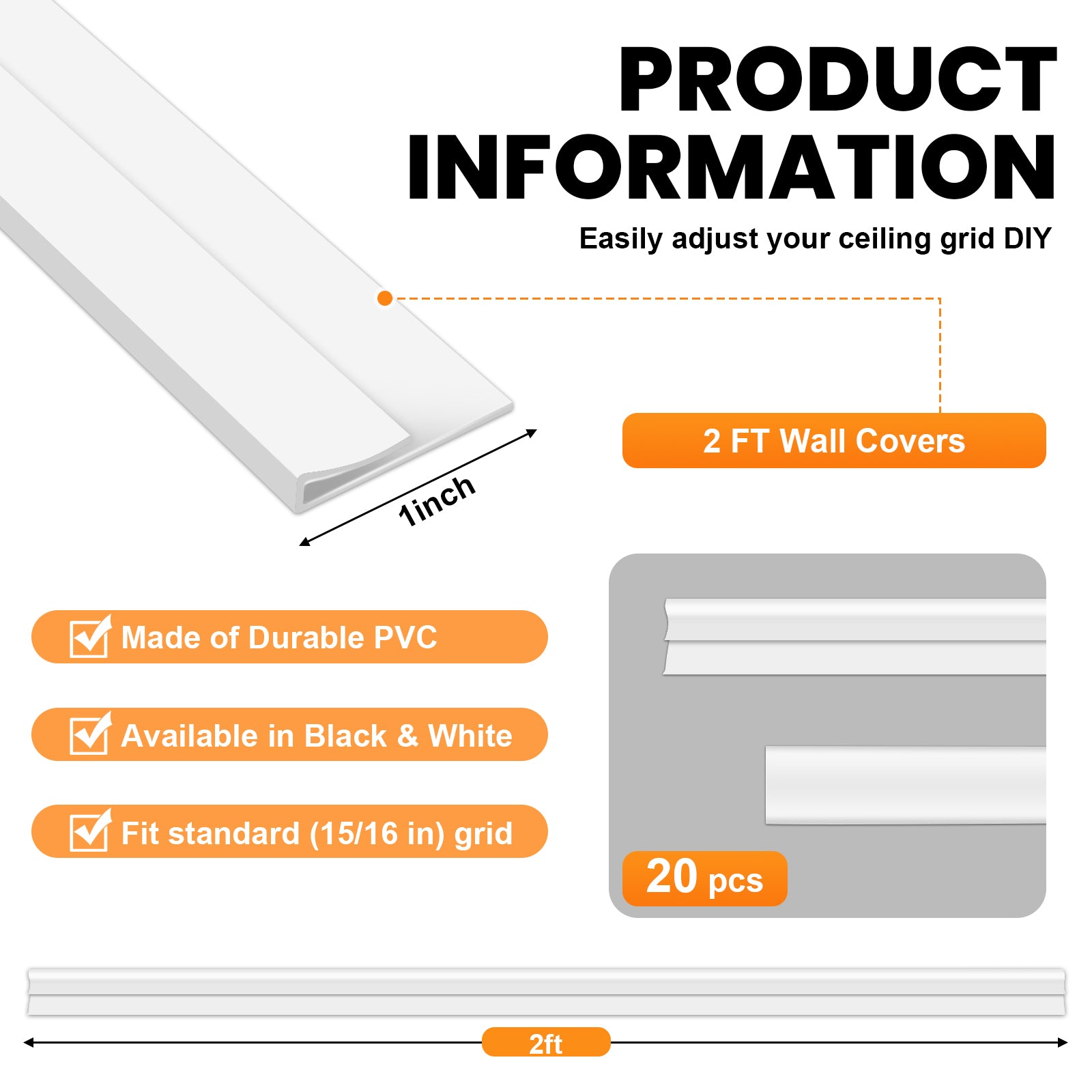 LooYee 20 PCS / 96 Sq.Ft PVC Black/White Snap-On T-Bar Ceiling Grid Covers, Easy Install Durable Wear-Resistant, for Main & Wall Grids