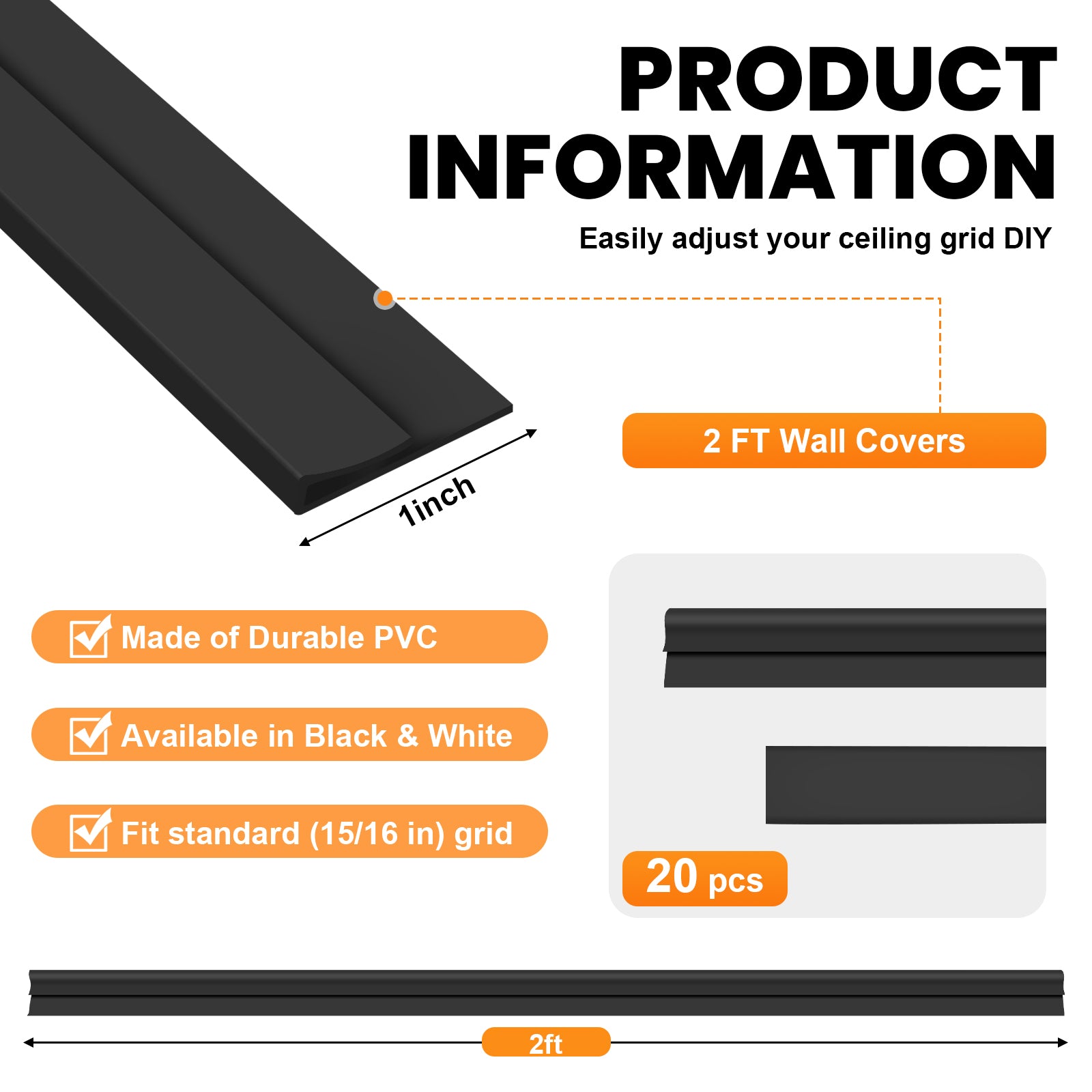 LooYee 20 PCS / 96 Sq.Ft PVC Black/White Snap-On T-Bar Ceiling Grid Covers, Easy Install Durable Wear-Resistant, for Main & Wall Grids