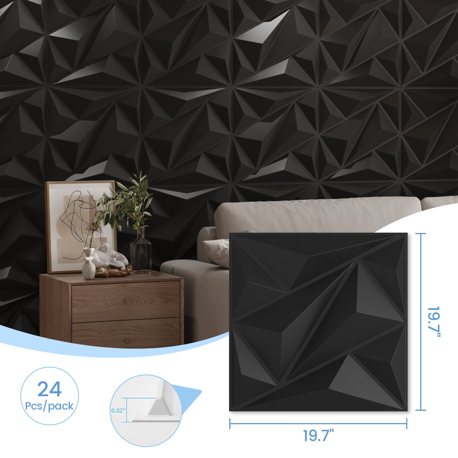 LooYee 64 Sq. Ft. Modern Textured Diamond 3d Wall Panels，24pcs 19.7" X 19.7" Pvc Wall Panels For Interior Wall Decor, Suitable For Bedrooms Game Rooms Living Rooms Hotel Office Lobby Black