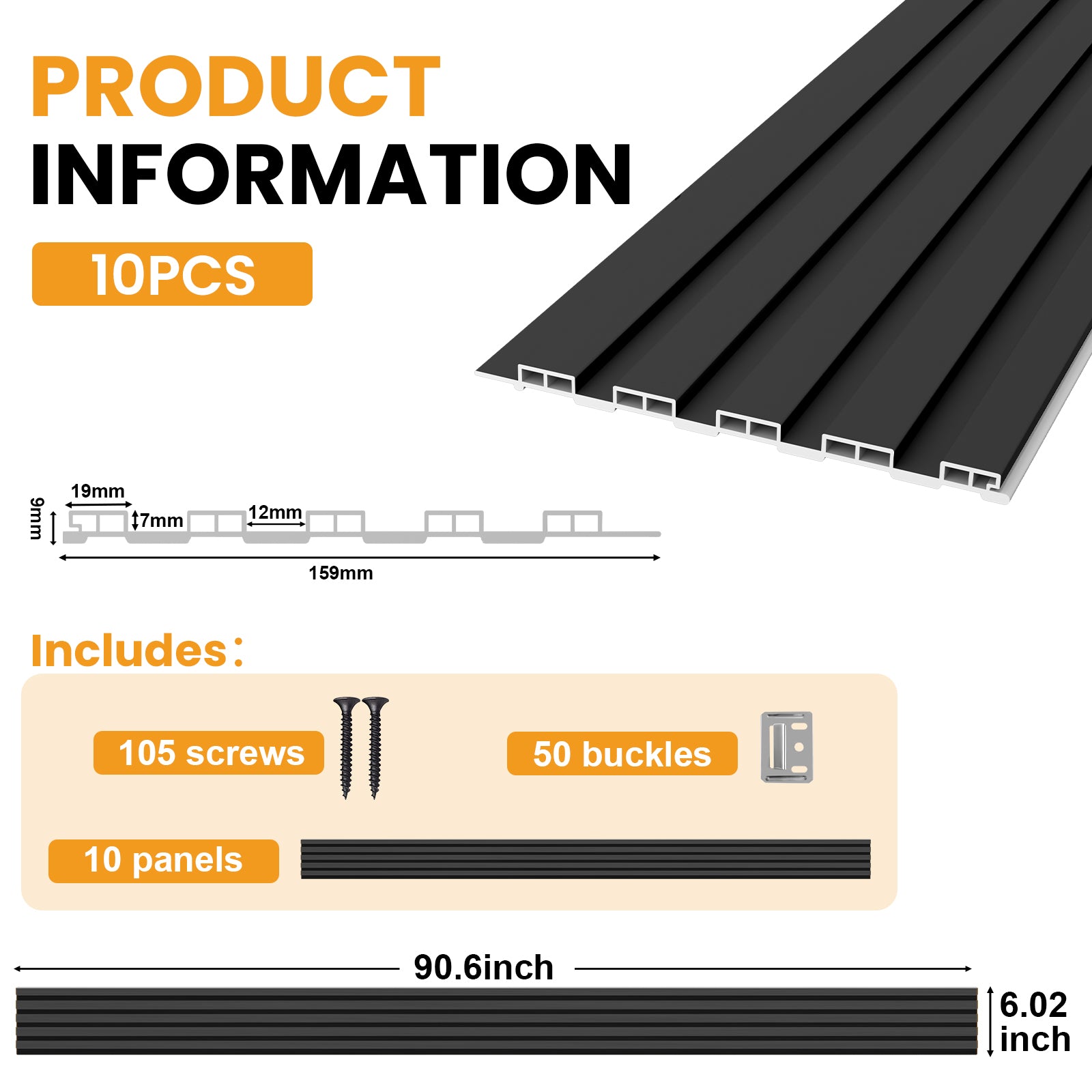 LooYee 10 Pack WPC Slat Wall panels 90.6 x 6 Inch Black/Teak Cover 38 Sq.Ft.