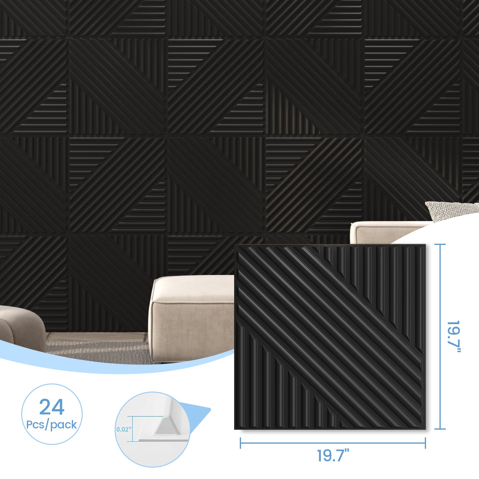 LooYee 24 PCS 19.7" x 19.7" 3D Wall Panel for Interior Wall Décor in Black, Wall Decor PVC Panel, Textured Accent Wall Panel