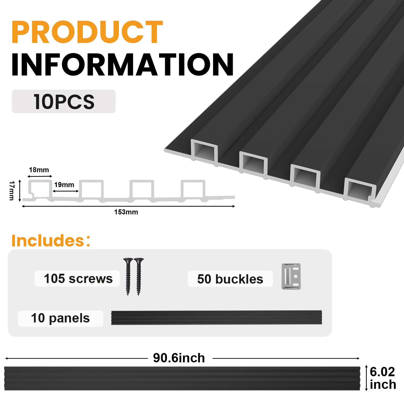 LooYee 10 Pack WPC Slat Wall panels 90.6 x 6 Inch Black/Teak Cover 38 Sq.Ft