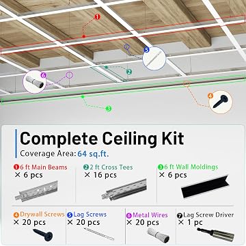 LooYee 64 Sq.Ft Drop Ceiling Grid System Complete Grid Kit White/Black