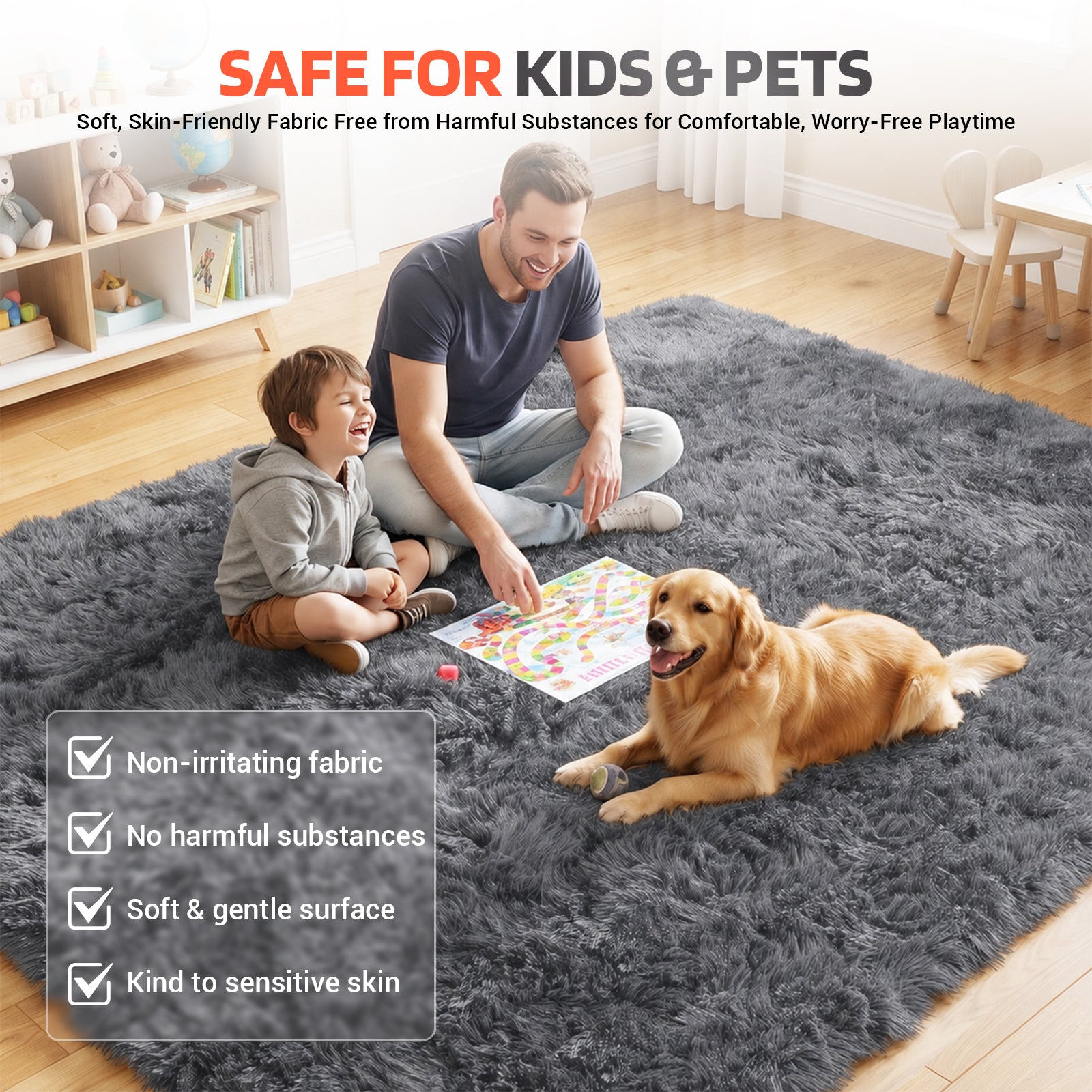 LooYee 8x10/9x12 FT Black and Grey Shag Area Rug, Non-Slip Non-Shedding Easy Clean
