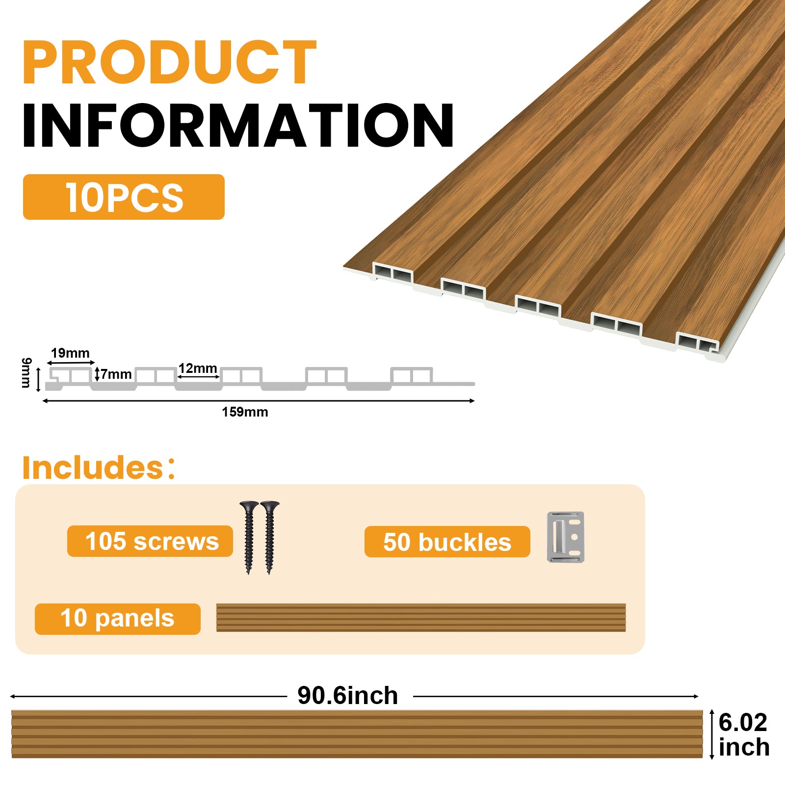LooYee 10 Pack WPC Slat Wall panels 90.6 x 6 Inch Black/Teak Cover 38 Sq.Ft.