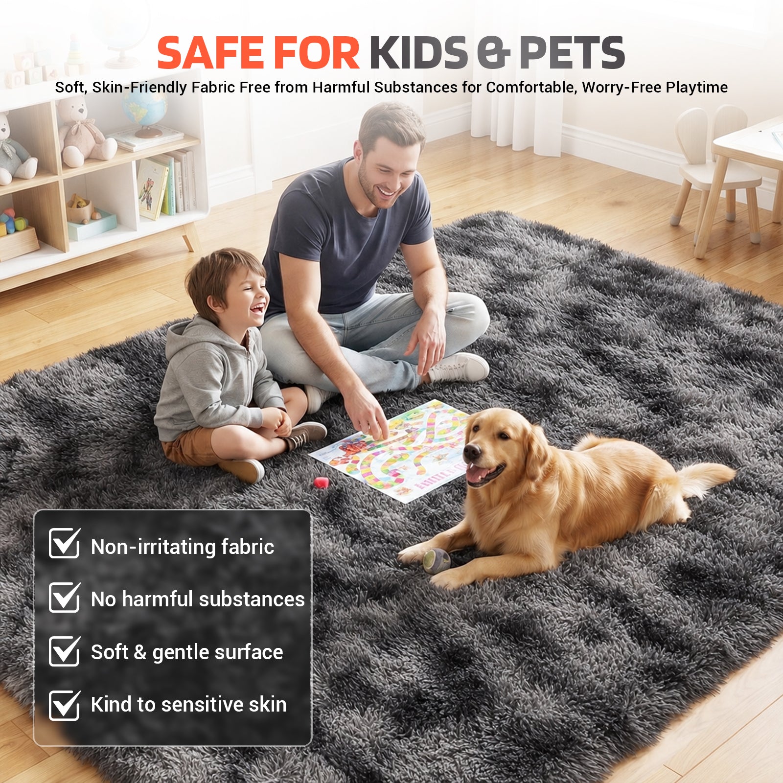 LooYee 8x10/9x12 FT Black and Grey Shag Area Rug, Non-Slip Non-Shedding Easy Clean