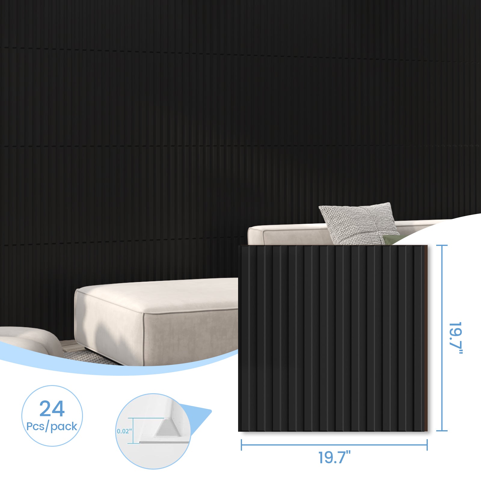 LooYee 24 PCS 19.7" x 19.7" Slat Wall Panel, 3D Fluted Textured Panel. - Black (64 sq. ft./Box)