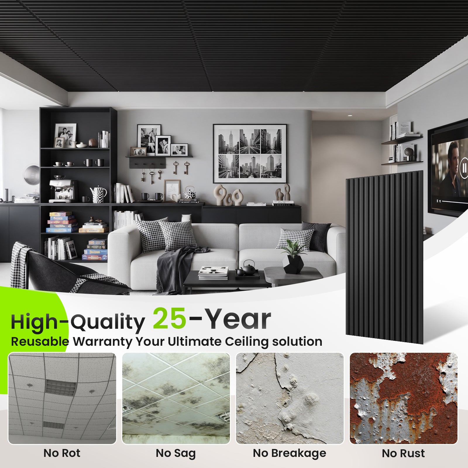 LooYee 24/6 PCS 2x4 FT PVC Black/White Drop Ceiling Tiles, Waterproof Washable Fire‑Rated, Cover 192 Sq.Ft