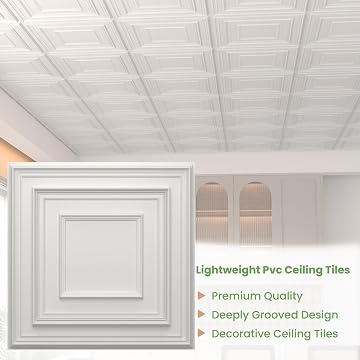 LooYee 24 PCS 2x2 FT PVC White 3D Decorative Drop Ceiling Tiles, Waterproof Washable, Cover 96 Sq.Ft