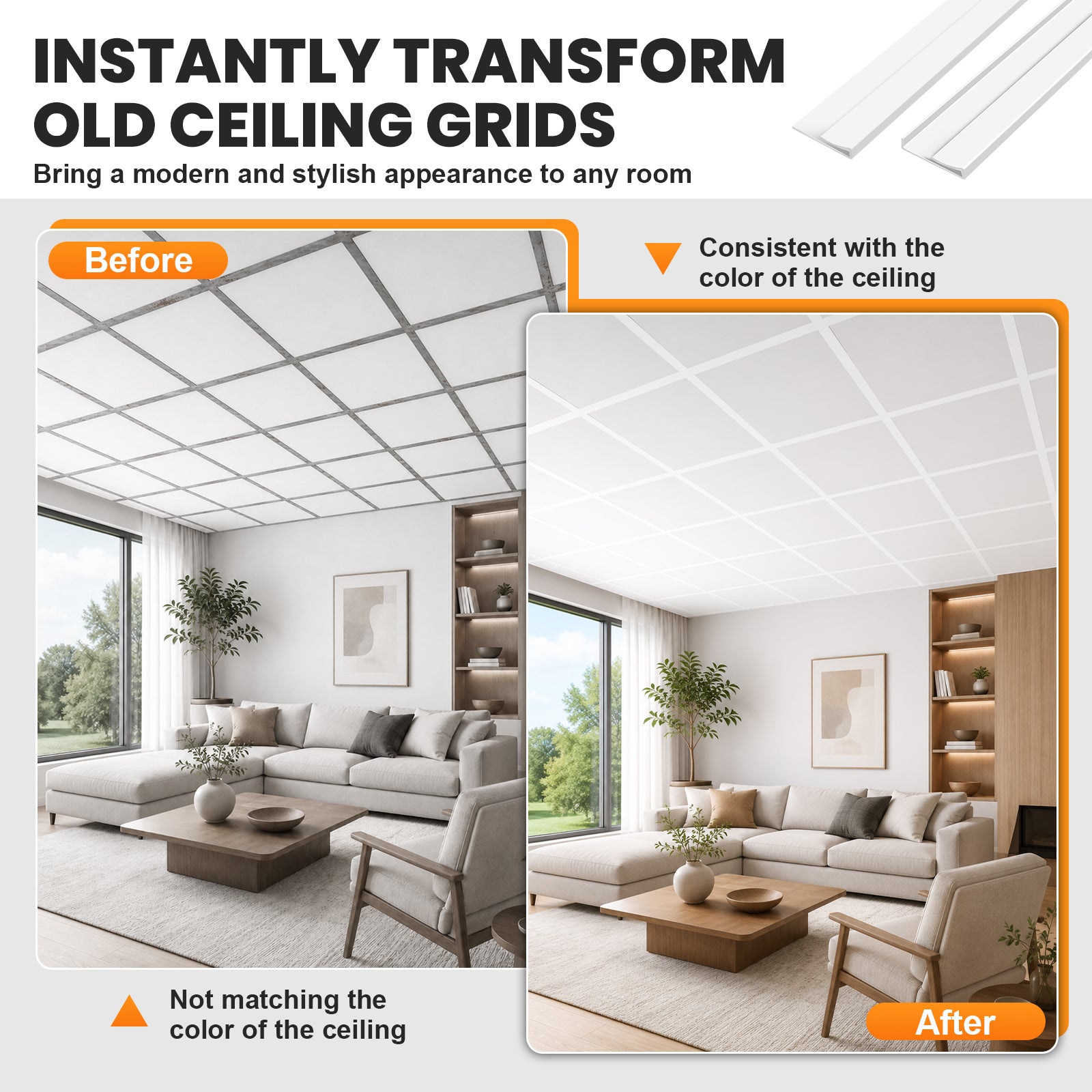 LooYee 20 PCS / 96 Sq.Ft PVC Black/White Snap-On T-Bar Ceiling Grid Covers, Easy Install Durable Wear-Resistant, for Main & Wall Grids