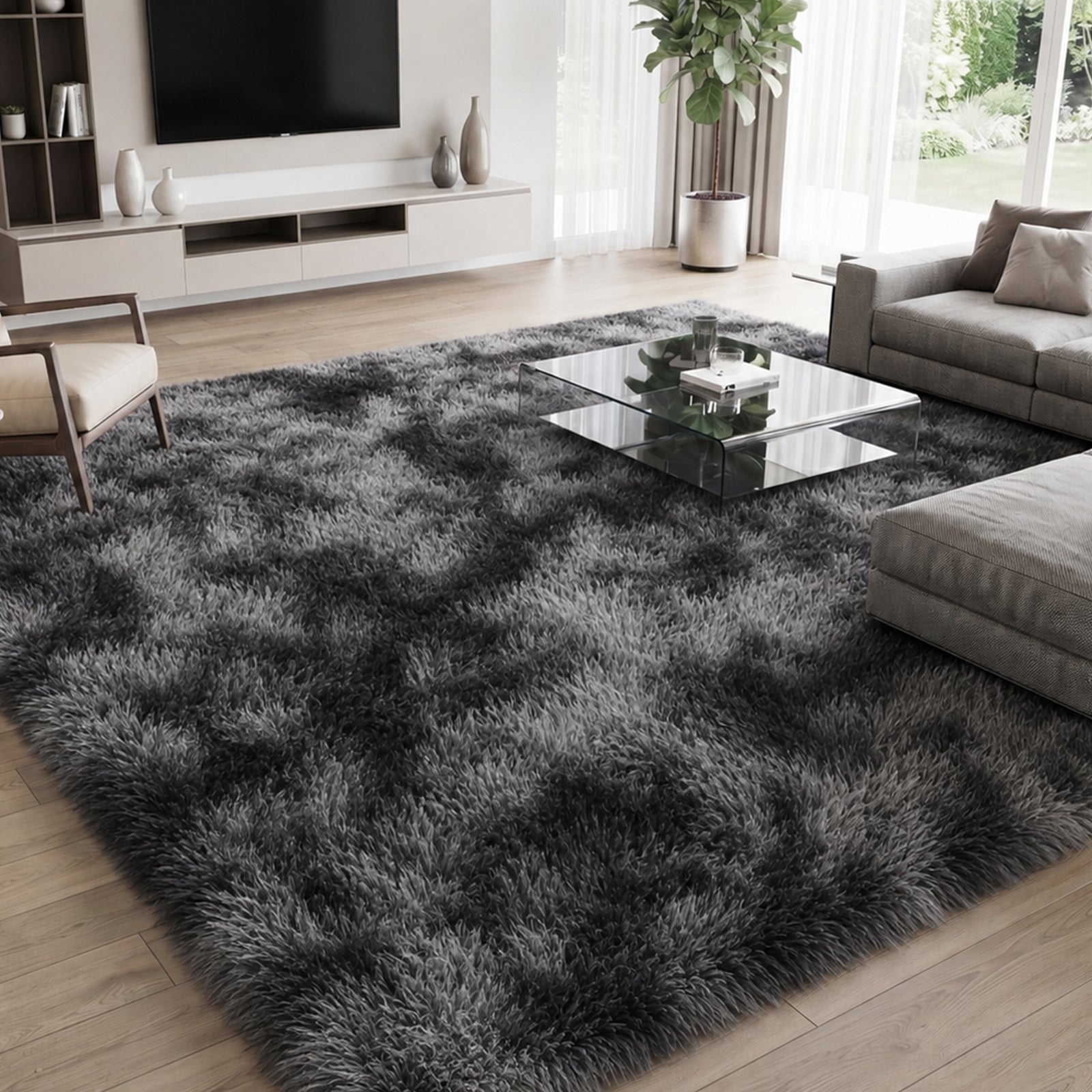 LooYee 8x10/9x12 FT Black and Grey Shag Area Rug, Non-Slip Non-Shedding Easy Clean