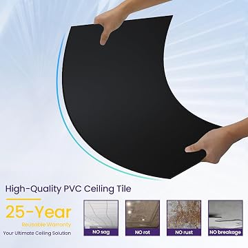 LooYee 6 PCS 2x2 FT PVC Black Smooth Drop Ceiling Tiles, Waterproof Fire‑Rated, Cover 24 Sq.Ft