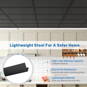 LooYee 10 PCS 72 Inch Galvanized Steel Black Wall Molding Trim Drop Ceiling Grid System, Rust & Fire Resistance