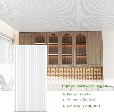 LooYee 6 PCS 2x4 FT PVC White Fluted Slat Ceiling Tiles, Waterproof, Cover 48 Sq.Ft