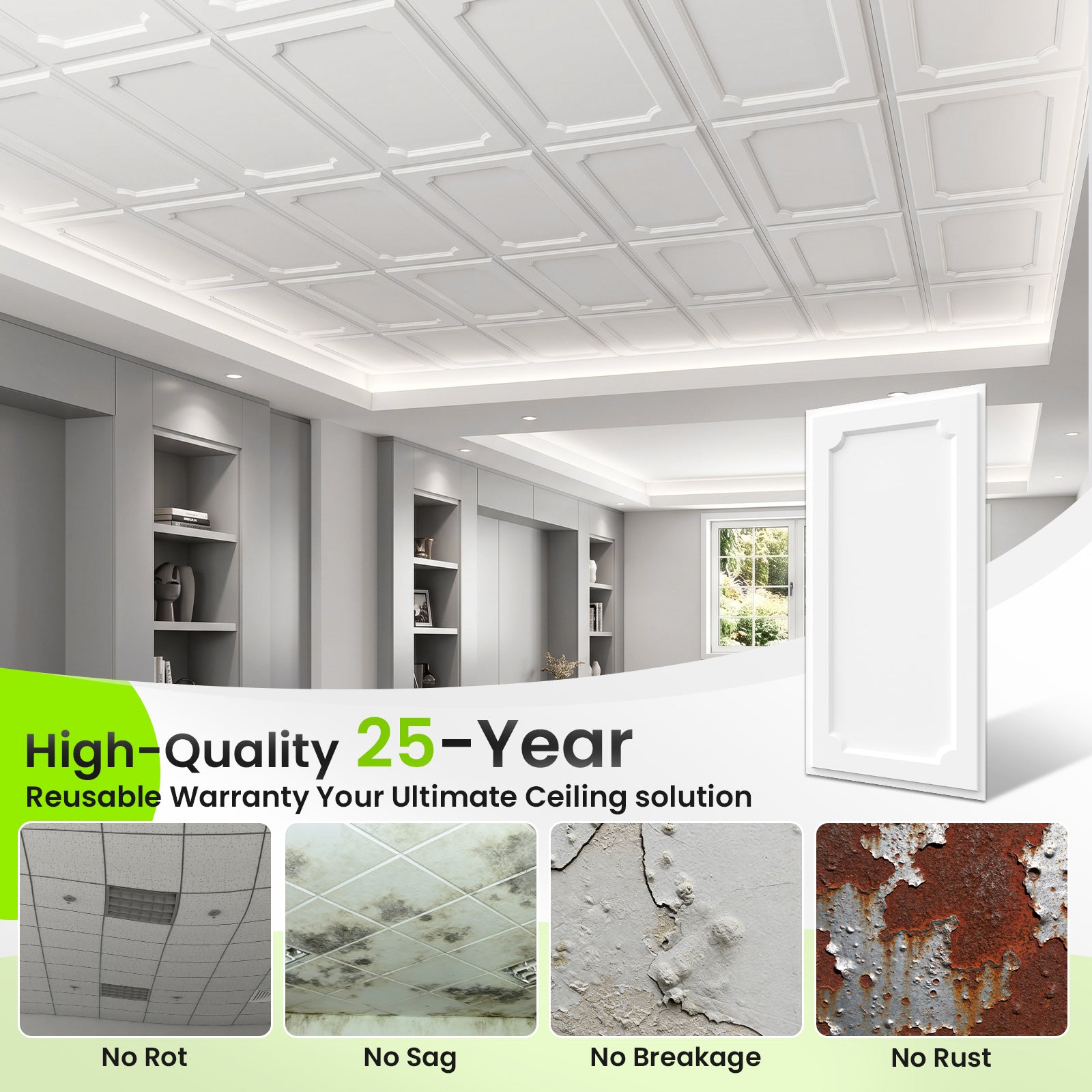 LooYee 24/6 PCS 2x4 FT PVC Black/White Drop Ceiling Tiles, Waterproof Washable Fire‑Rated, Cover 192 Sq.Ft