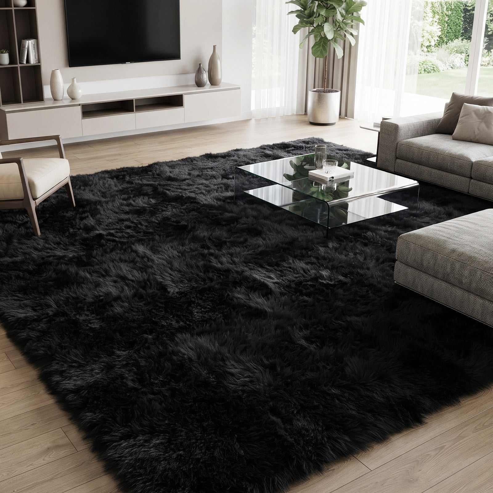 LooYee 8x10/9x12 FT Black and Grey Shag Area Rug, Non-Slip Non-Shedding Easy Clean