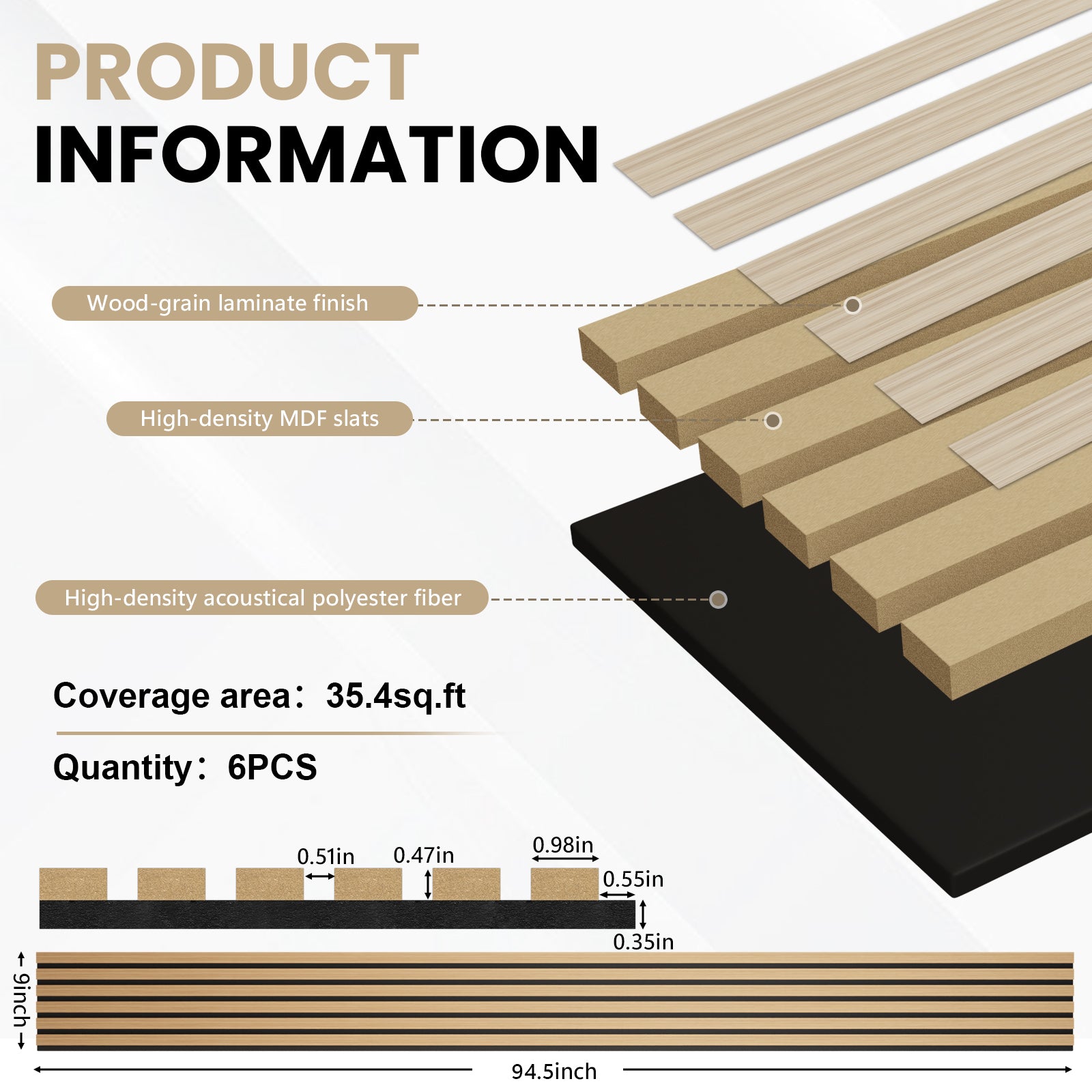 LooYee 6 Pack Acoustic Wood Slat Wall Panels 94.5x9x0.8 Inch Walnut/Teak