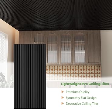 LooYee 6 PCS 2x4 FT PVC Black Fluted Slat Ceiling Tiles, Waterproof, Cover 48 Sq.Ft