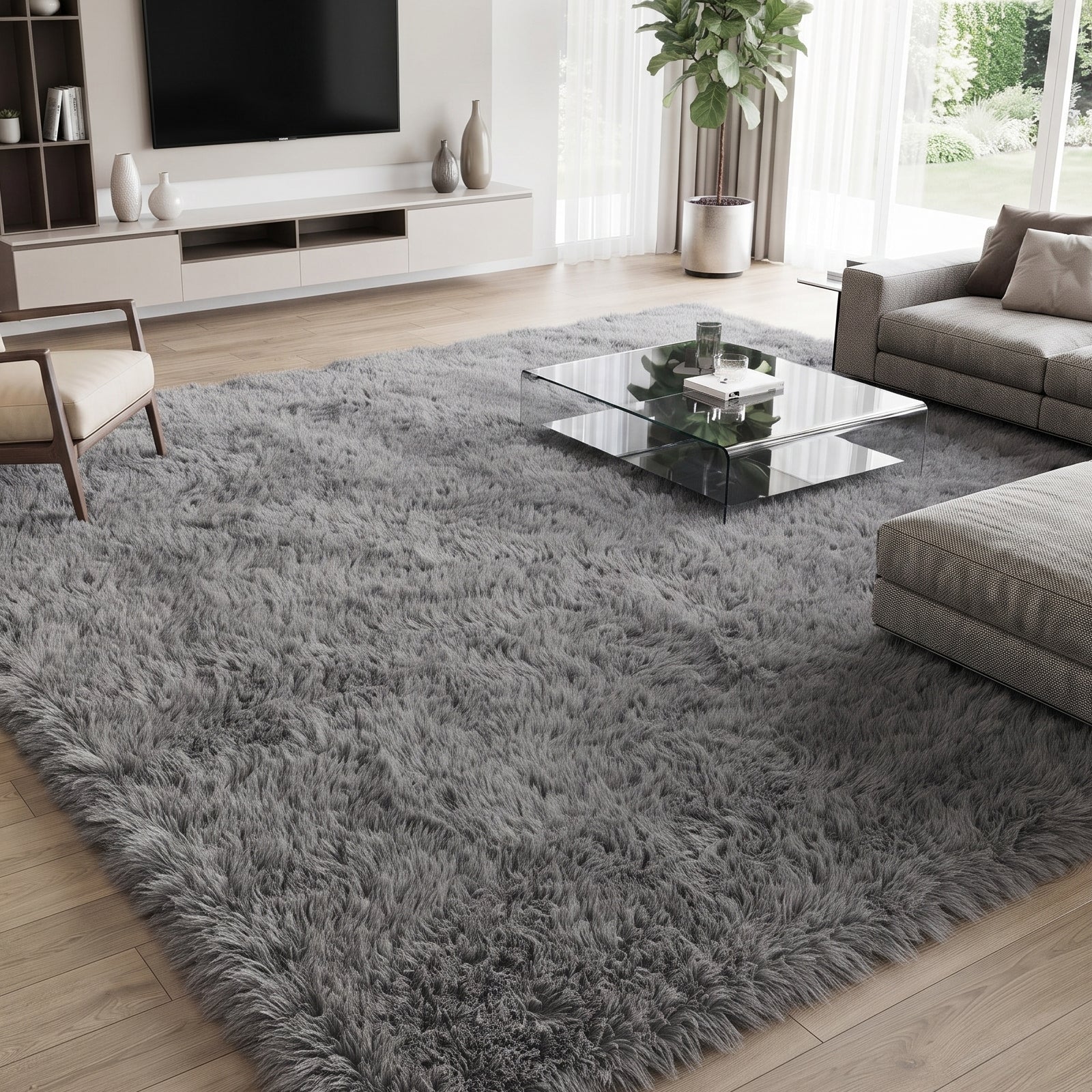 LooYee 8x10/9x12 FT Black and Grey Shag Area Rug, Non-Slip Non-Shedding Easy Clean