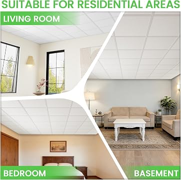 LooYee 24 PCS 2x2 FT PVC White Smooth Drop Ceiling Tiles, Waterproof Fire‑Rated, Cover 96 Sq.Ft
