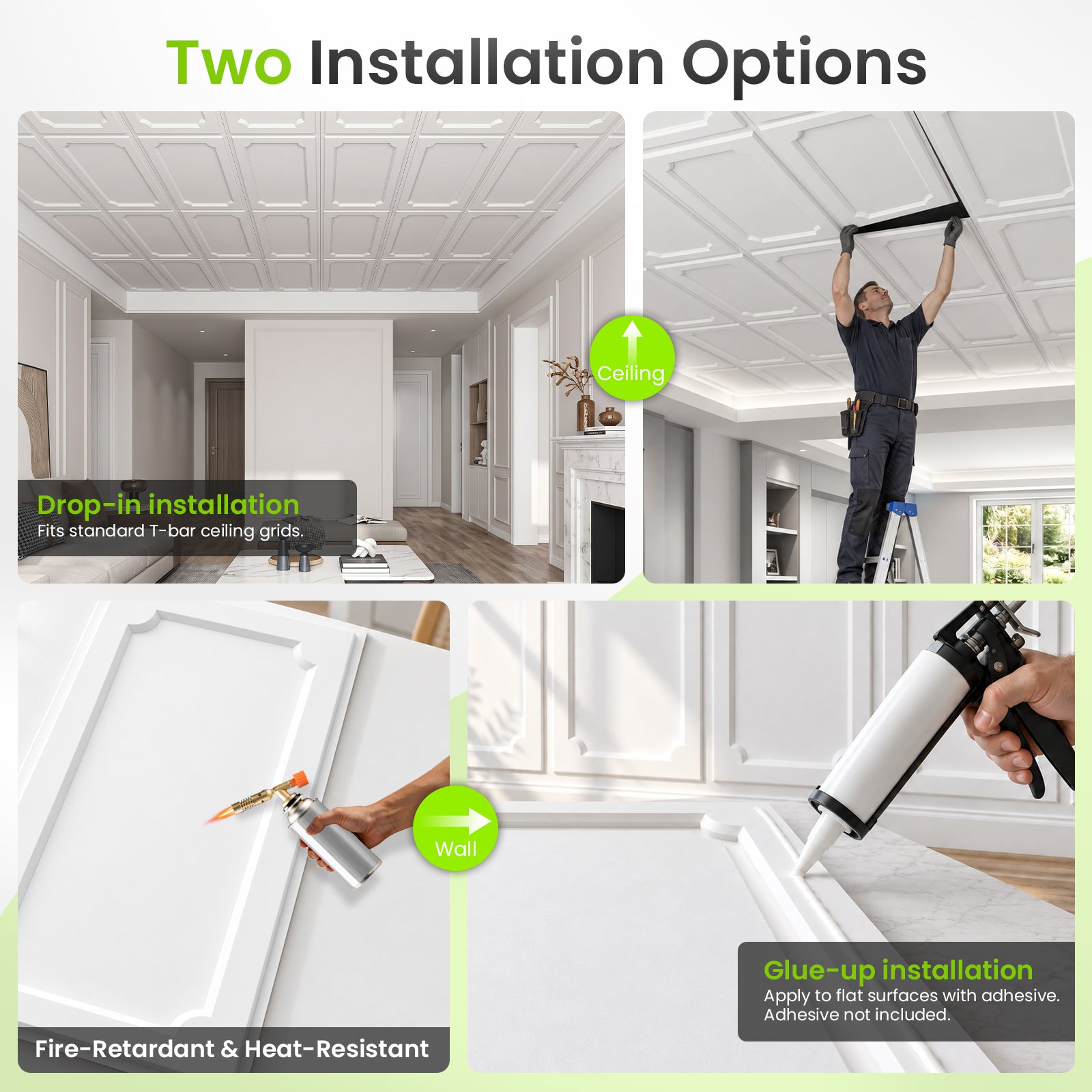 LooYee 24/6 PCS 2x4 FT PVC Black/White Drop Ceiling Tiles, Waterproof Washable Fire‑Rated, Cover 192 Sq.Ft