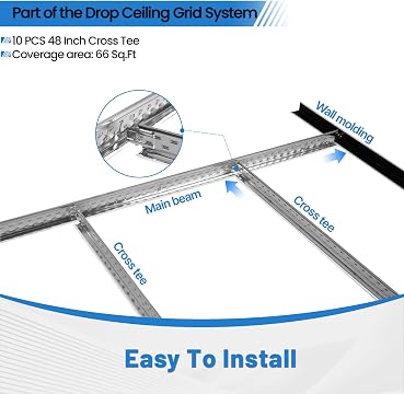 LooYee 10 PCS 48 Inch Galvanized Steel White Cross Tee Drop Ceiling Grid System