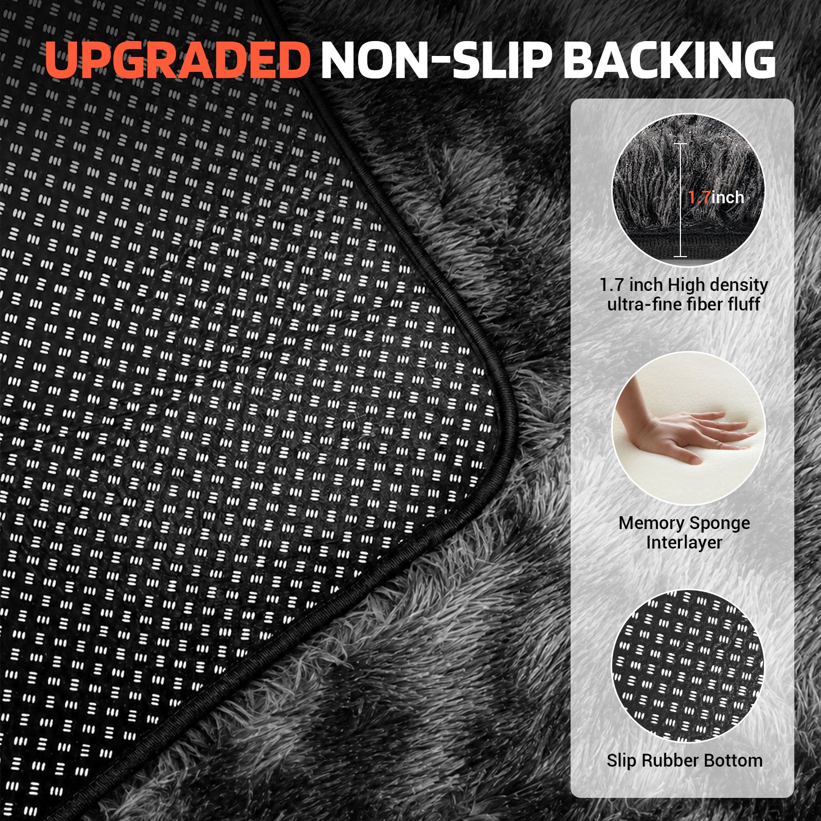 LooYee 8x10/9x12 FT Black and Grey Shag Area Rug, Non-Slip Non-Shedding Easy Clean