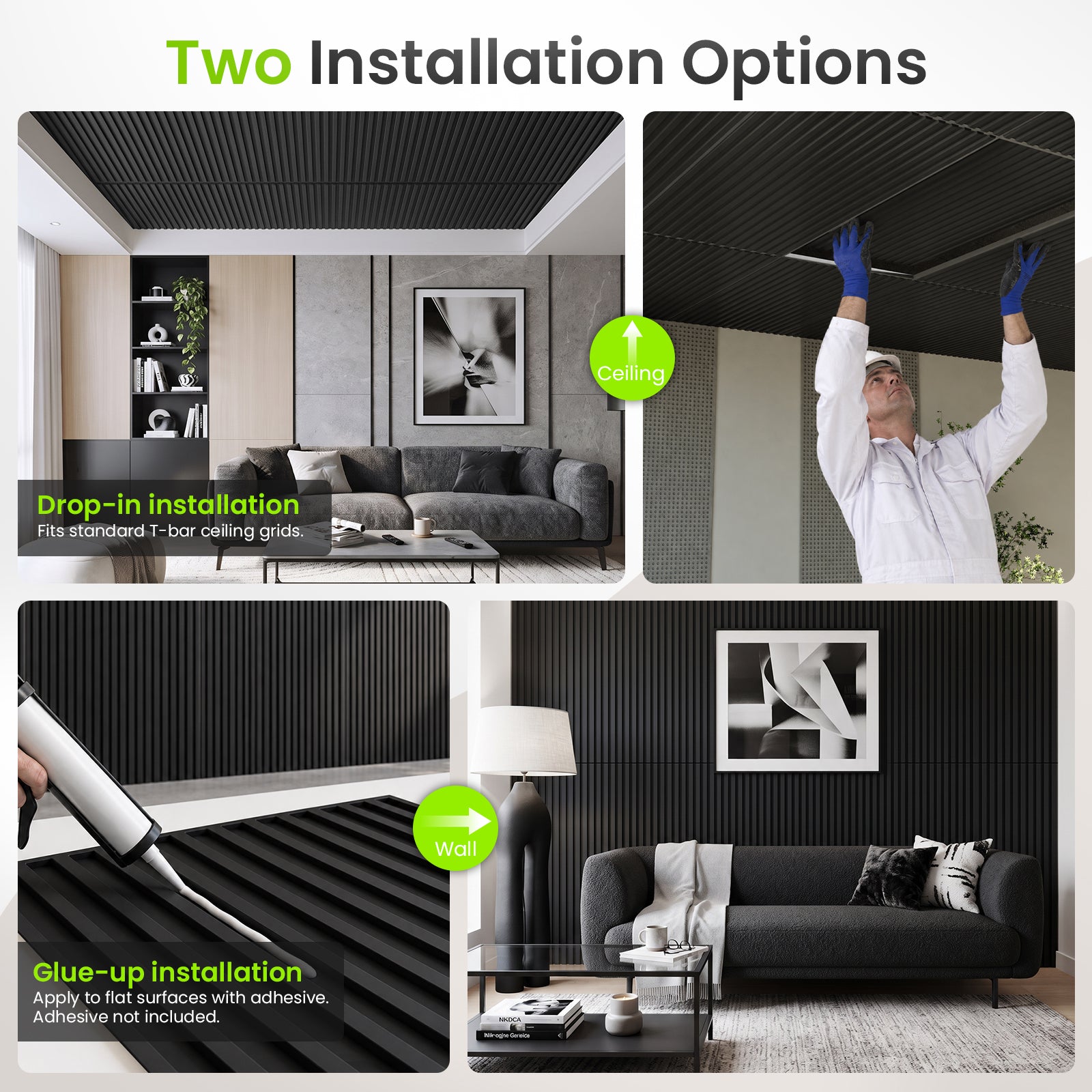 LooYee 24/6 PCS 2x4 FT PVC Black/White Drop Ceiling Tiles, Waterproof Washable Fire‑Rated, Cover 192 Sq.Ft
