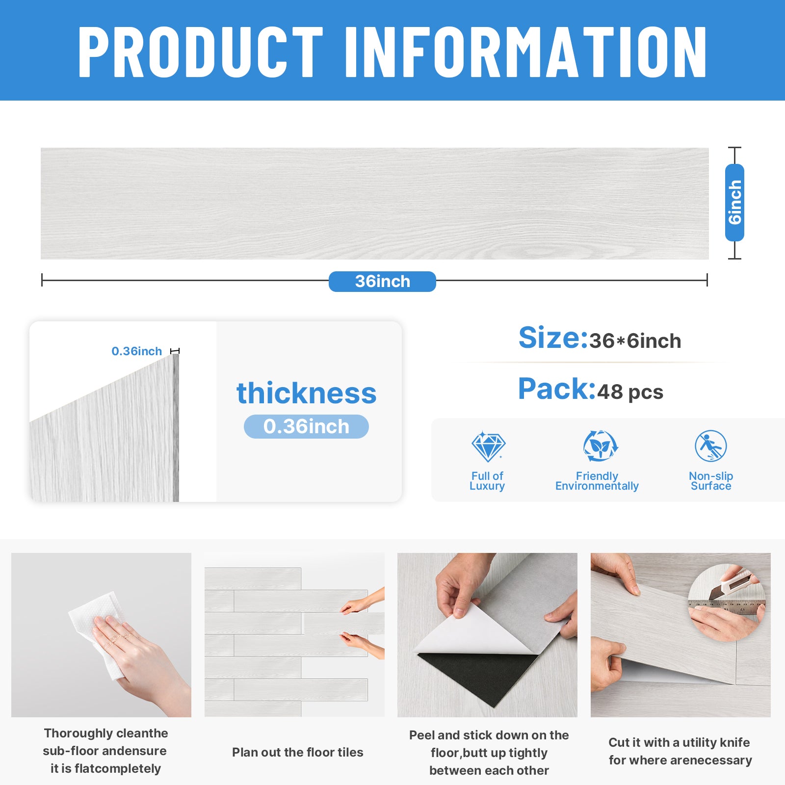 LooYee 48 PCS 6 x 36 Inch PVC Peel and Stick Vinyl Floor Planks, Waterproof Wear‑Resistant Easy DIY Installation, Cover 72 Sq.Ft