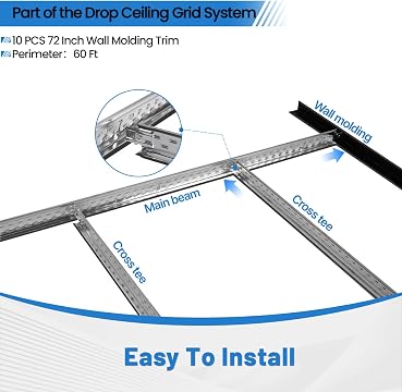 LooYee 10 PCS 72 Inch Galvanized Steel Black Wall Molding Trim Drop Ceiling Grid System, Rust & Fire Resistance
