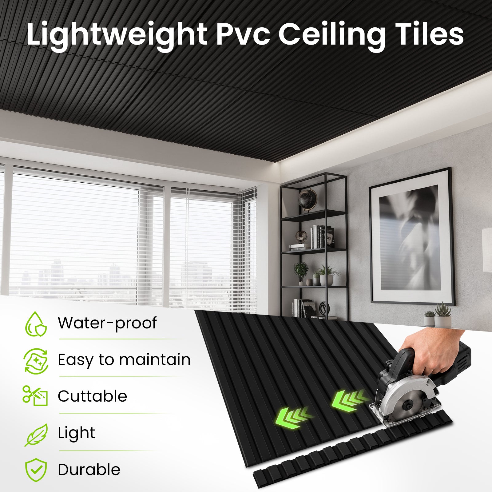 LooYee 24/6 PCS 2x4 FT PVC Black/White Drop Ceiling Tiles, Waterproof Washable Fire‑Rated, Cover 192 Sq.Ft