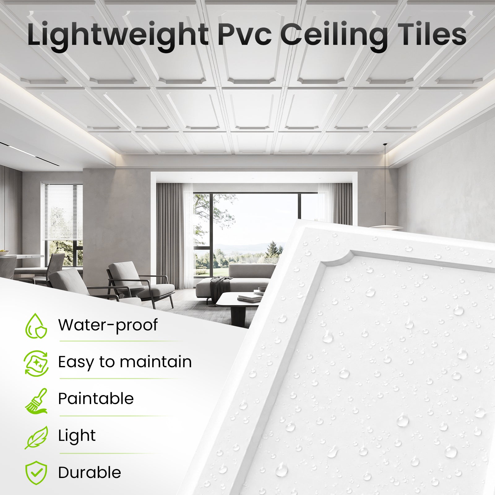 LooYee 24/6 PCS 2x4 FT PVC Black/White Drop Ceiling Tiles, Waterproof Washable Fire‑Rated, Cover 192 Sq.Ft