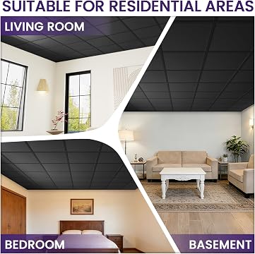 LooYee 6 PCS 2x2 FT PVC Black Smooth Drop Ceiling Tiles, Waterproof Fire‑Rated, Cover 24 Sq.Ft