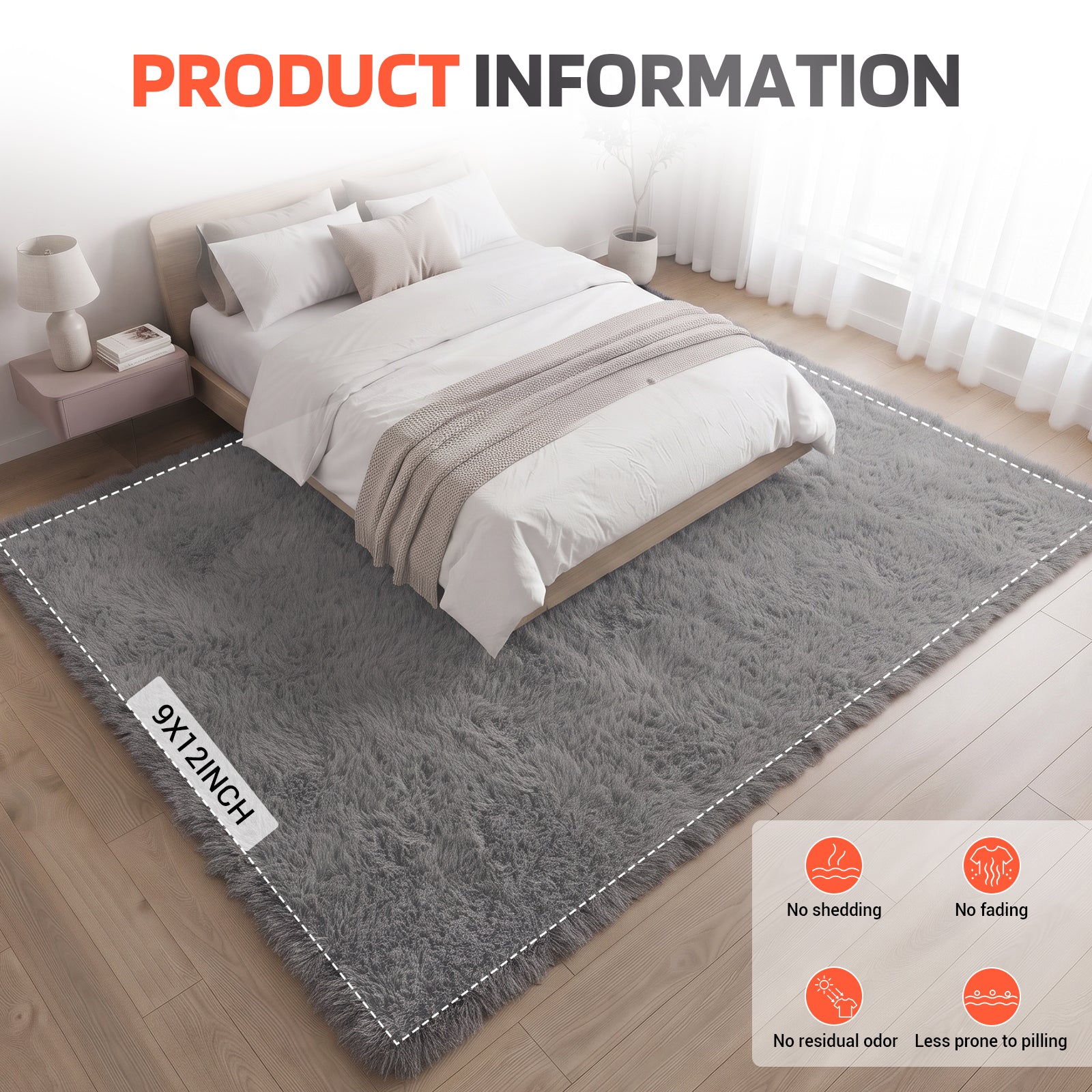 LooYee 8x10/9x12 FT Black and Grey Shag Area Rug, Non-Slip Non-Shedding Easy Clean