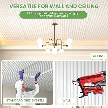 LooYee 6 PCS 2x4 FT PVC White Fluted Slat Ceiling Tiles, Waterproof, Cover 48 Sq.Ft