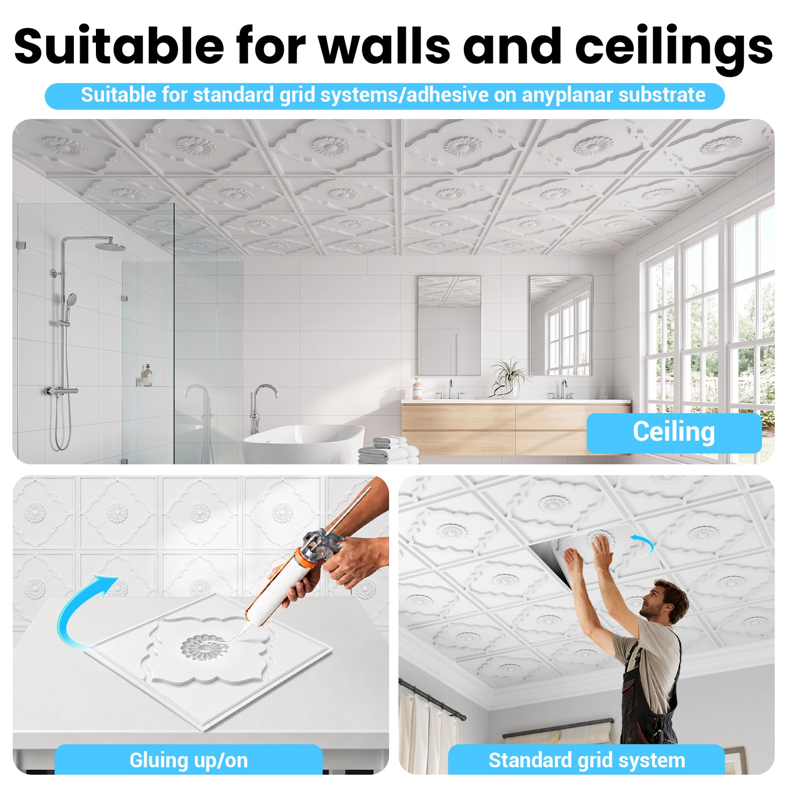 LooYee 24 PCS 2x2 FT PVC Floral Diamond Grid Decorative Ceiling Tiles